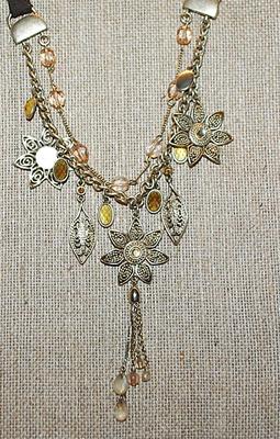 Beautiful Pointed PETAL FLOWERS NECKLACE with Amber & Yellow Stones and Teardrop Dangles + Top Leather Straps + Lobster Clasp 16" L