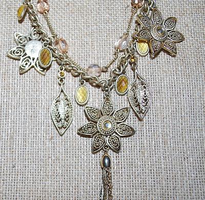 Beautiful Pointed PETAL FLOWERS NECKLACE with Amber & Yellow Stones and Teardrop Dangles + Top Leather Straps + Lobster Clasp 16" L