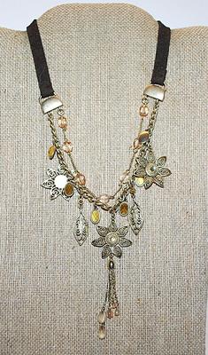 Beautiful Pointed PETAL FLOWERS NECKLACE with Amber & Yellow Stones and Teardrop Dangles + Top Leather Straps + Lobster Clasp 16" L