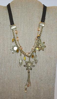 Beautiful Pointed PETAL FLOWERS NECKLACE with Amber & Yellow Stones and Teardrop Dangles + Top Leather Straps + Lobster Clasp 16" L