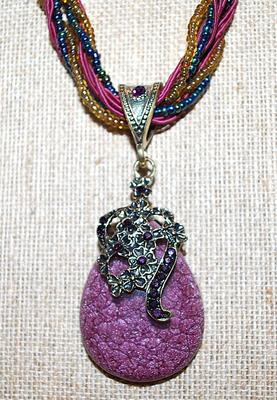 Large Decorated Purple Teardrop REVERSIBLE PENDANT NECKLACE with Intertwined Capped Beads and Cords Chain and Lobster Clasp 16" L