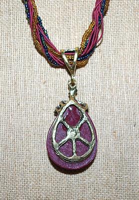 Large Decorated Purple Teardrop REVERSIBLE PENDANT NECKLACE with Intertwined Capped Beads and Cords Chain and Lobster Clasp 16" L