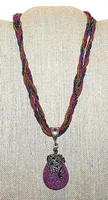 Large Decorated Purple Teardrop REVERSIBLE PENDANT NECKLACE with Intertwined Capped Beads and Cords Chain and Lobster Clasp 16" L