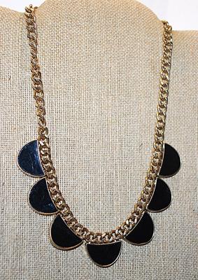 Row of 7 Black & Gold Colored HALF CIRCLES NECKLACE with Solid Link Gold Tone Chain and Lobster Clasp