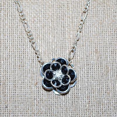 Black Beveled Beaded FLOWER NECKLACE with Silver Tone Edges on a Silver Tone Necklace Chain and Lobster Clasp 17" L