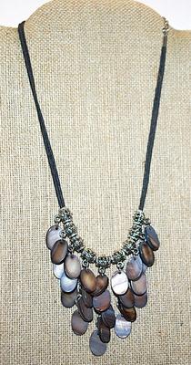 Marked "lia sophia" NECKLACE with Iridescent Style Oval Acrylic Disks + Silver Tone Barrel Accents and Cord Chain and Lobster...