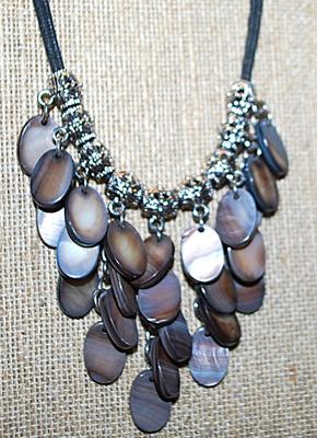 Marked "lia sophia" NECKLACE with Iridescent Style Oval Acrylic Disks + Silver Tone Barrel Accents and Cord Chain and Lobster...