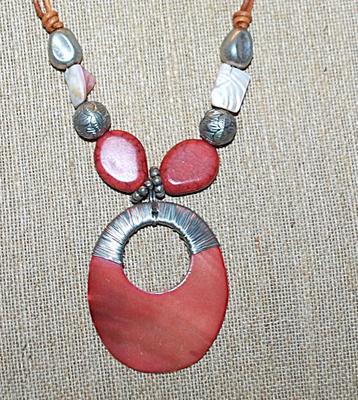 Showy Pink Acrylic Disk, Stones & Beads NECKLACE with Leather Style Cord and Large Lobster Clasp 14" L