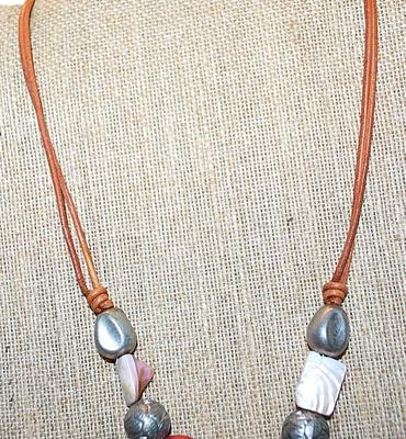 Showy Pink Acrylic Disk, Stones & Beads NECKLACE with Leather Style Cord and Large Lobster Clasp 14" L