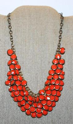 Rows & Rows of DOUBLE-SIDED ORANGE DISKS NECKLACE with Gold Tone Perimeters, Chain and Lobster Clasp 15" L