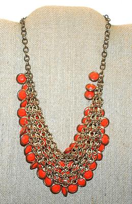 Rows & Rows of DOUBLE-SIDED ORANGE DISKS NECKLACE with Gold Tone Perimeters, Chain and Lobster Clasp 15" L