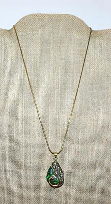 Large Green Glass Decorated Teardrop REVERSIBLE PENDANT NECKLACE with Cord Necklace Chain and Lobster Clasp 16" L