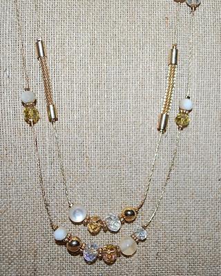 Very Cool Double Strands Gold Tone NECKLACE with Gold, Clear & Taupe Beads and Rope Style Capped Accents with Lobster Clasp