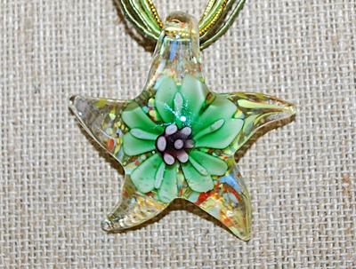 "Starfish" Glass Flowered REVERSIBLE PENDANT/NECKLACE Combo with Lime Green & Gold Cords and Lobster Clasp 16" L