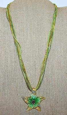 "Starfish" Glass Flowered REVERSIBLE PENDANT/NECKLACE Combo with Lime Green & Gold Cords and Lobster Clasp 16" L