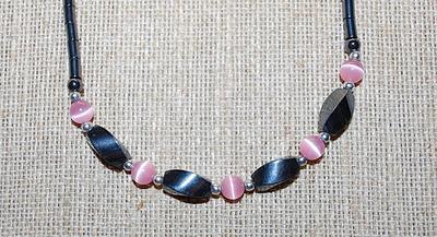 Pink & Black Beaded CHOKER NECKLACE with Black Tube Beaded "Chain" and Barrel Clasps 14" L