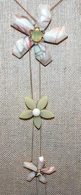 Beautiful MARBLE-Style CARVED FLOWERS NECKLACE With 3 Bejeweled Petal Flowers on a Gold Tone Chain and Lobster Clasp 36" L