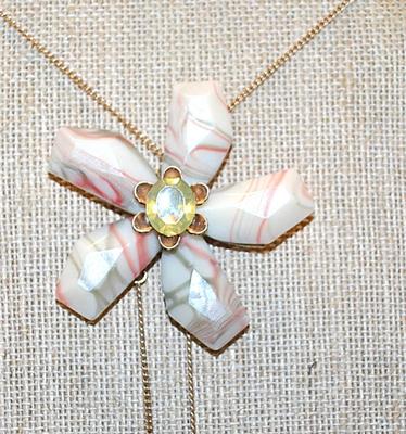 Beautiful MARBLE-Style CARVED FLOWERS NECKLACE With 3 Bejeweled Petal Flowers on a Gold Tone Chain and Lobster Clasp 36" L