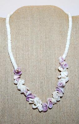 Cut Purple & White Choker SHELLS NECKLACE with White Rings "Chain" and Barrel Style Clasp 14" L