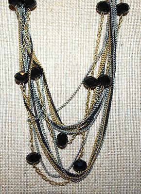 Gold, Silver & Black Colored "Lots of Chains" NECKLACE with Black Prism Bead Accents and Lobster Clasp 24" L