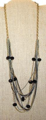 Gold, Silver & Black Colored "Lots of Chains" NECKLACE with Black Prism Bead Accents and Lobster Clasp 24" L