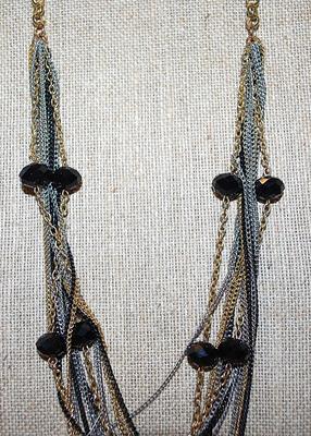 Gold, Silver & Black Colored "Lots of Chains" NECKLACE with Black Prism Bead Accents and Lobster Clasp 24" L