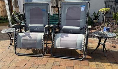 Pair Of Extra Wide Folding Chase lounges And Pair of Side Round Tables