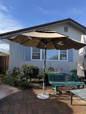 Plastic Green Garden Bench, Metal Table and 2 Umbrellas