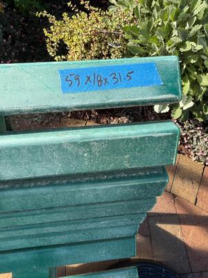 Plastic Green Garden Bench, Metal Table and 2 Umbrellas