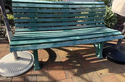 Plastic Green Garden Bench, Metal Table and 2 Umbrellas
