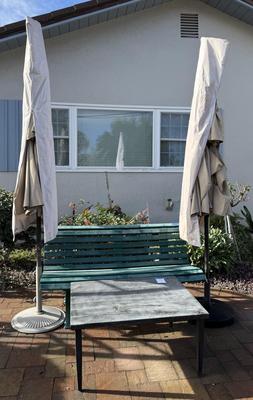 Plastic Green Garden Bench, Metal Table and 2 Umbrellas