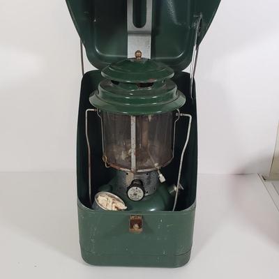 LOT 128: Vintage Coleman Lantern, Eagle Steel Gas Can, Metal Milk Can, Buckeye Aluminum Coffee Pot & Yaktrax Snow Walkers
