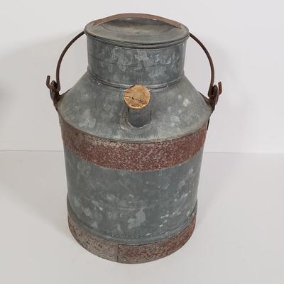 LOT 128: Vintage Coleman Lantern, Eagle Steel Gas Can, Metal Milk Can, Buckeye Aluminum Coffee Pot & Yaktrax Snow Walkers