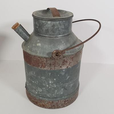 LOT 128: Vintage Coleman Lantern, Eagle Steel Gas Can, Metal Milk Can, Buckeye Aluminum Coffee Pot & Yaktrax Snow Walkers