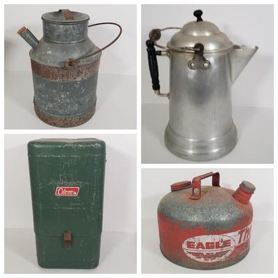 LOT 128: Vintage Coleman Lantern, Eagle Steel Gas Can, Metal Milk Can, Buckeye Aluminum Coffee Pot & Yaktrax Snow Walkers