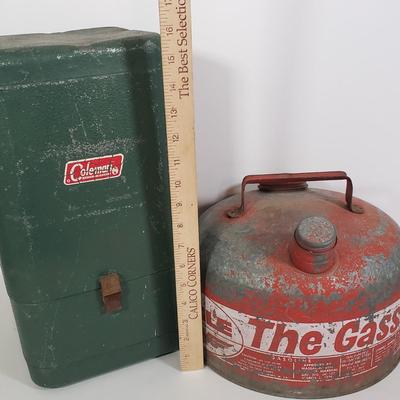 LOT 128: Vintage Coleman Lantern, Eagle Steel Gas Can, Metal Milk Can, Buckeye Aluminum Coffee Pot & Yaktrax Snow Walkers