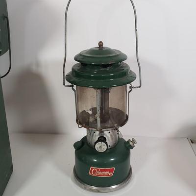 LOT 128: Vintage Coleman Lantern, Eagle Steel Gas Can, Metal Milk Can, Buckeye Aluminum Coffee Pot & Yaktrax Snow Walkers