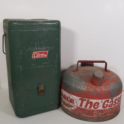 LOT 128: Vintage Coleman Lantern, Eagle Steel Gas Can, Metal Milk Can, Buckeye Aluminum Coffee Pot & Yaktrax Snow Walkers