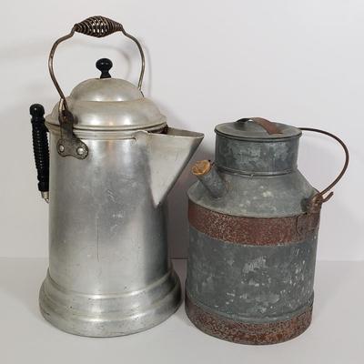 LOT 128: Vintage Coleman Lantern, Eagle Steel Gas Can, Metal Milk Can, Buckeye Aluminum Coffee Pot & Yaktrax Snow Walkers