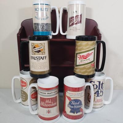 LOT 159: Set of Westbend Thermo-Serv Vintage Beer Mugs with Wooden Display Shelf
