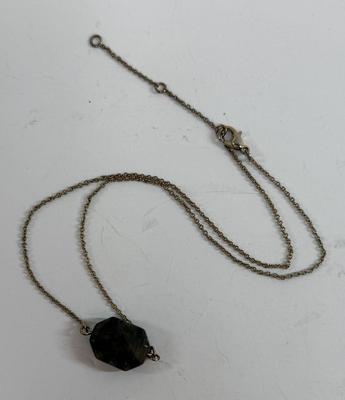 Sale Photo Thumbnail #308: Stone is a mottled dark green. Chain is approx. 16" long. Good condition.
