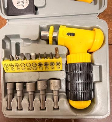 Sale Photo Thumbnail #309: The set includes a variety of bits, two precision screwdrivers, a measuring tape, and a multi-bit screwdriver handle.
Bits included are 5 nut drivers, Phillips (#1, #2, #3), slotted (5/32", 7/32", 9/32"), and Torx (T10, T15, T20, T25).