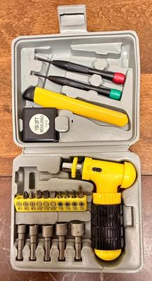 Sale Photo Thumbnail #310: The set includes a variety of bits, two precision screwdrivers, a measuring tape, and a multi-bit screwdriver handle.
Bits included are 5 nut drivers, Phillips (#1, #2, #3), slotted (5/32", 7/32", 9/32"), and Torx (T10, T15, T20, T25).