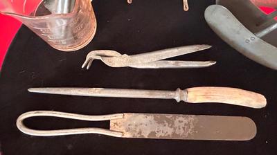 PINK DEPRESSION GLASS LIQUID MEASURING CUP, FORD CO-OPERATIVE TONGS, BOTTLE OPENERS AND MORE