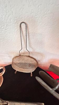 PINK DEPRESSION GLASS LIQUID MEASURING CUP, FORD CO-OPERATIVE TONGS, BOTTLE OPENERS AND MORE