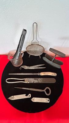 PINK DEPRESSION GLASS LIQUID MEASURING CUP, FORD CO-OPERATIVE TONGS, BOTTLE OPENERS AND MORE