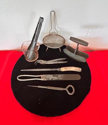 PINK DEPRESSION GLASS LIQUID MEASURING CUP, FORD CO-OPERATIVE TONGS, BOTTLE OPENERS AND MORE