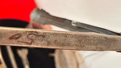 PINK DEPRESSION GLASS LIQUID MEASURING CUP, FORD CO-OPERATIVE TONGS, BOTTLE OPENERS AND MORE