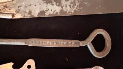 PINK DEPRESSION GLASS LIQUID MEASURING CUP, FORD CO-OPERATIVE TONGS, BOTTLE OPENERS AND MORE