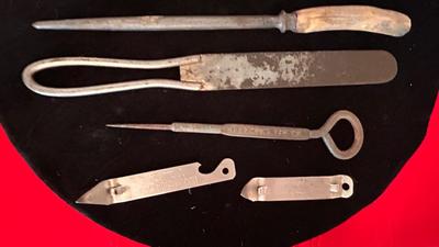 PINK DEPRESSION GLASS LIQUID MEASURING CUP, FORD CO-OPERATIVE TONGS, BOTTLE OPENERS AND MORE